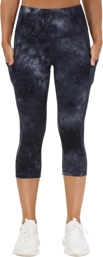Thick High Waist Capris Yoga Pants with Pockets, Tummy Control Workout Running Yoga Leggings for Women