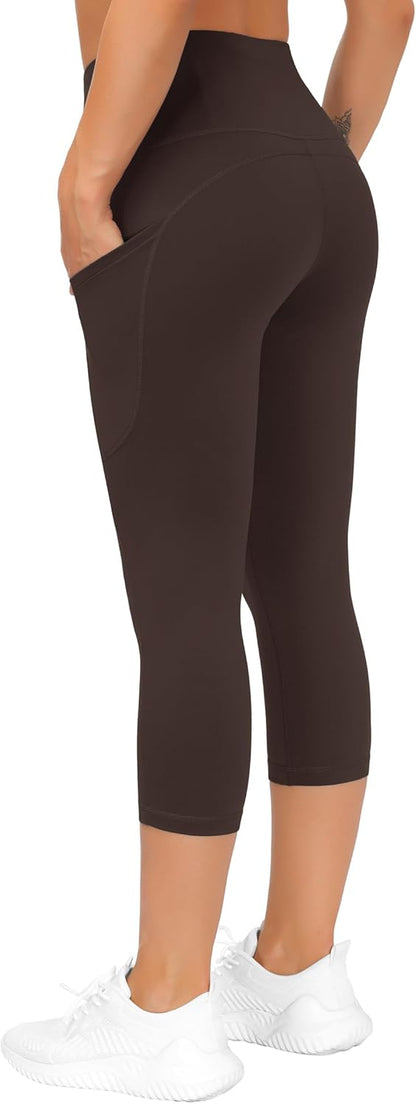 Thick High Waist Capris Yoga Pants with Pockets, Tummy Control Workout Running Yoga Leggings for Women