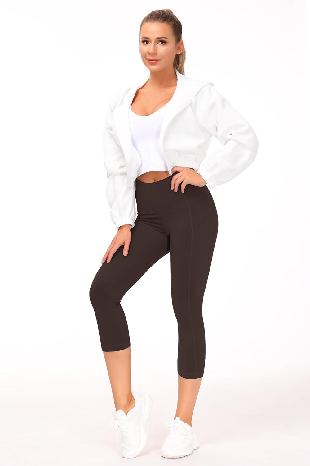 Thick High Waist Capris Yoga Pants with Pockets, Tummy Control Workout Running Yoga Leggings for Women