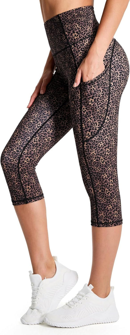 Thick High Waist Capris Yoga Pants with Pockets, Tummy Control Workout Running Yoga Leggings for Women