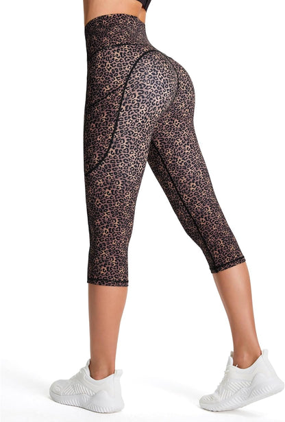 Thick High Waist Capris Yoga Pants with Pockets, Tummy Control Workout Running Yoga Leggings for Women
