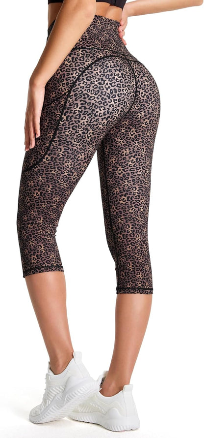 Thick High Waist Capris Yoga Pants with Pockets, Tummy Control Workout Running Yoga Leggings for Women