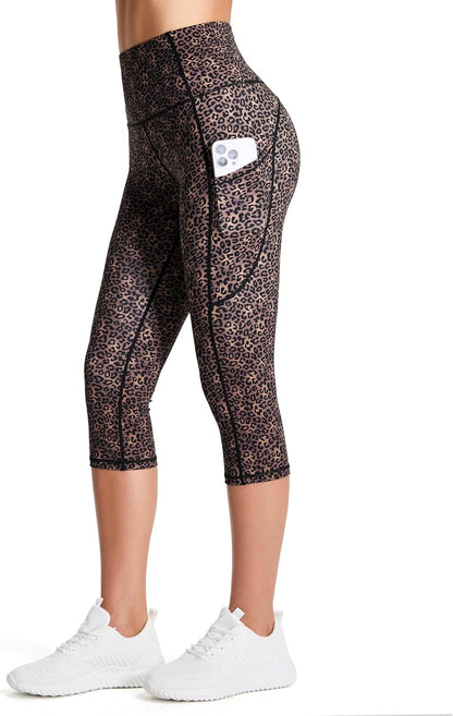 Thick High Waist Capris Yoga Pants with Pockets, Tummy Control Workout Running Yoga Leggings for Women