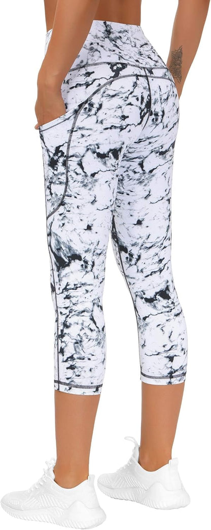 Thick High Waist Capris Yoga Pants with Pockets, Tummy Control Workout Running Yoga Leggings for Women
