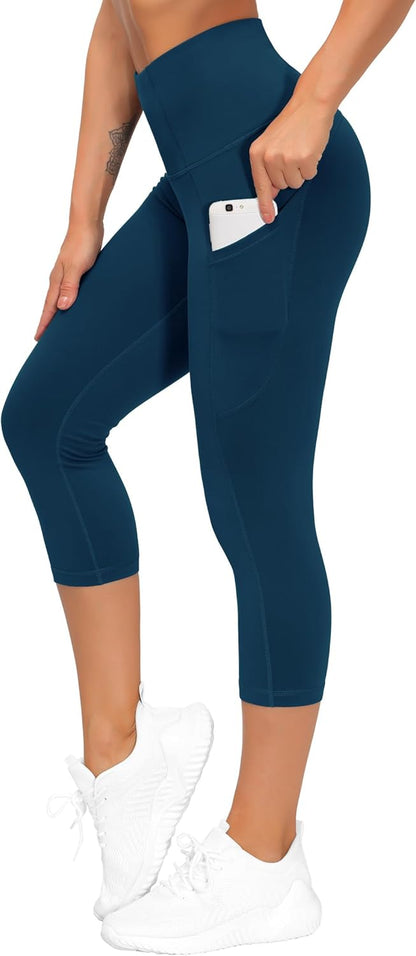 Thick High Waist Capris Yoga Pants with Pockets, Tummy Control Workout Running Yoga Leggings for Women