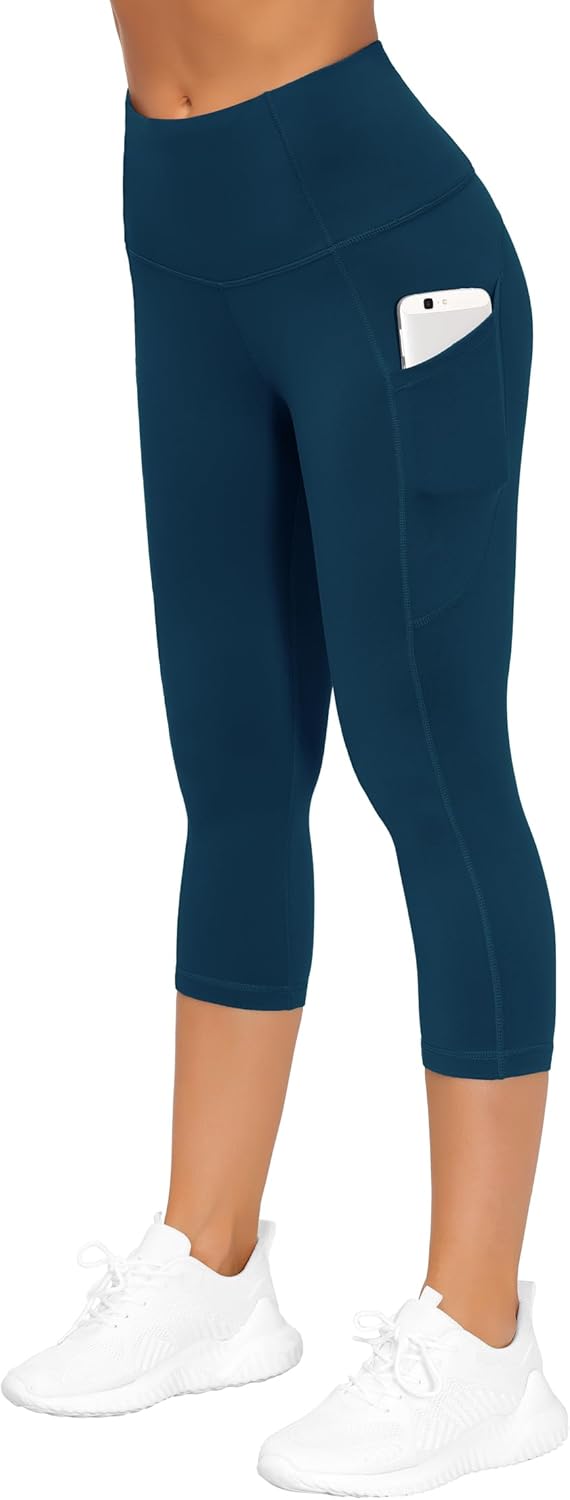 Thick High Waist Capris Yoga Pants with Pockets, Tummy Control Workout Running Yoga Leggings for Women