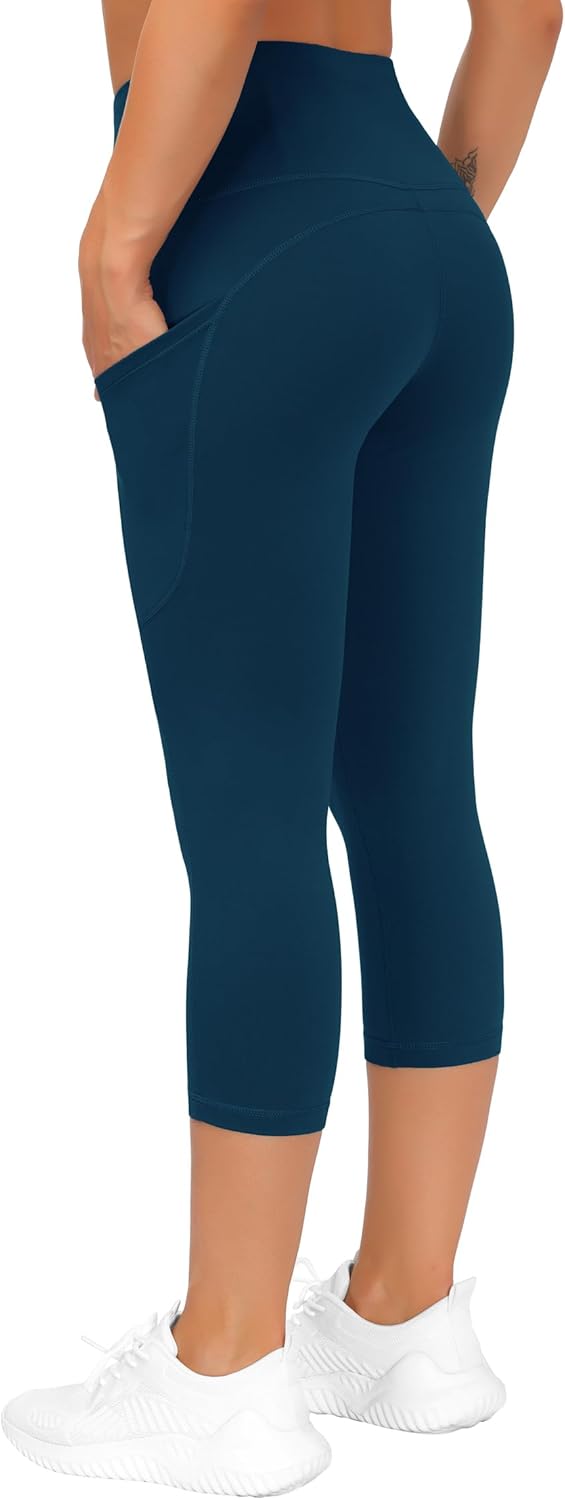 Thick High Waist Capris Yoga Pants with Pockets, Tummy Control Workout Running Yoga Leggings for Women