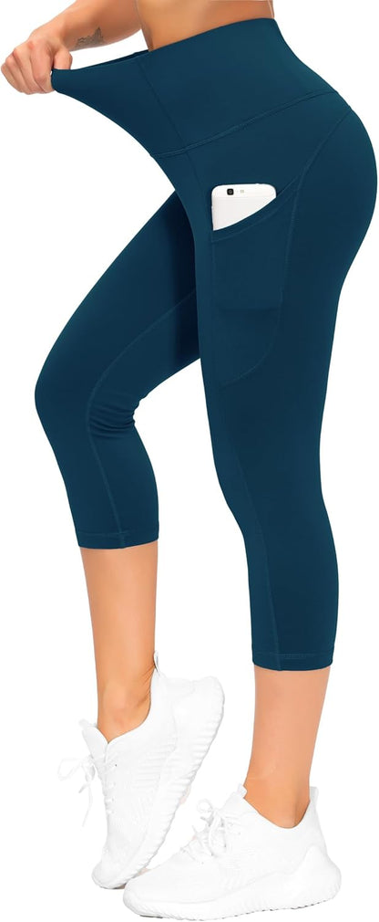 Thick High Waist Capris Yoga Pants with Pockets, Tummy Control Workout Running Yoga Leggings for Women