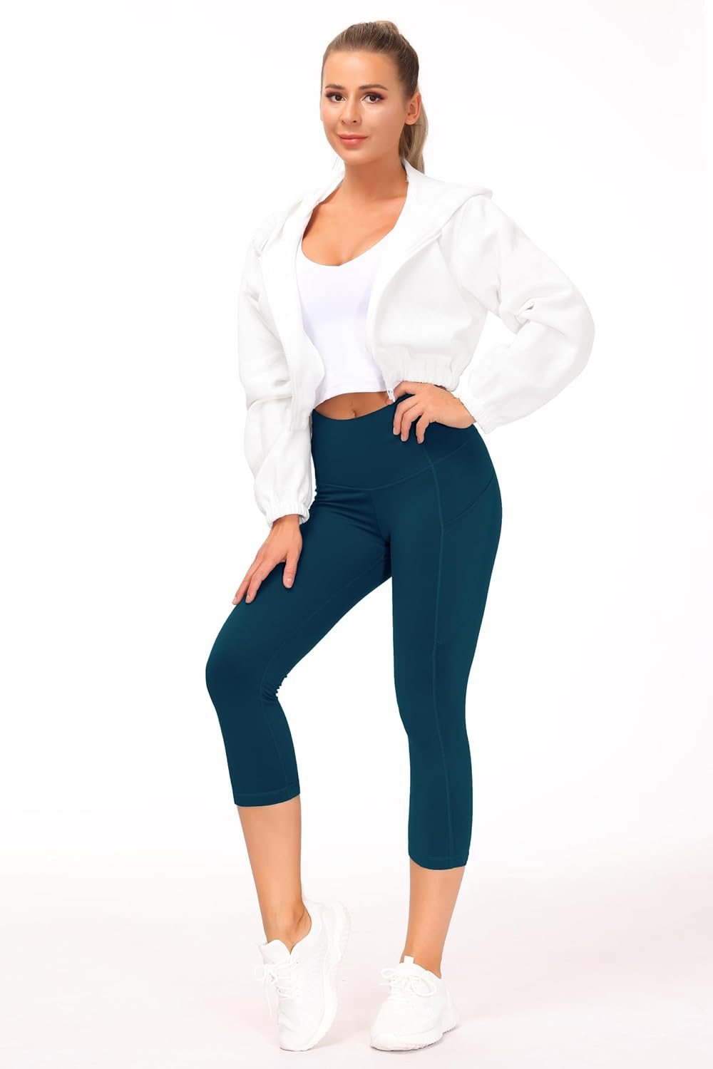 Thick High Waist Capris Yoga Pants with Pockets, Tummy Control Workout Running Yoga Leggings for Women