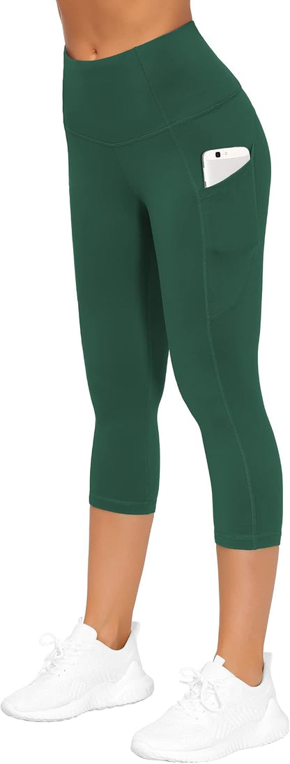 Thick High Waist Capris Yoga Pants with Pockets, Tummy Control Workout Running Yoga Leggings for Women