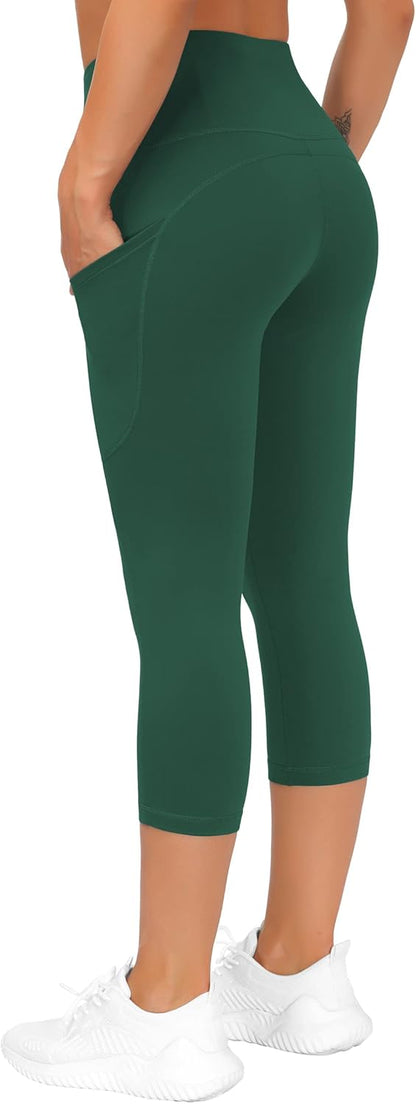 Thick High Waist Capris Yoga Pants with Pockets, Tummy Control Workout Running Yoga Leggings for Women