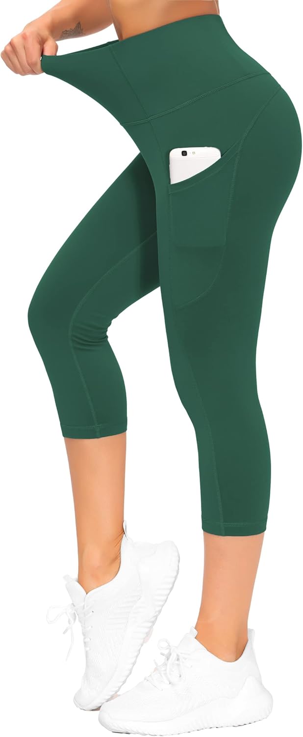 Thick High Waist Capris Yoga Pants with Pockets, Tummy Control Workout Running Yoga Leggings for Women