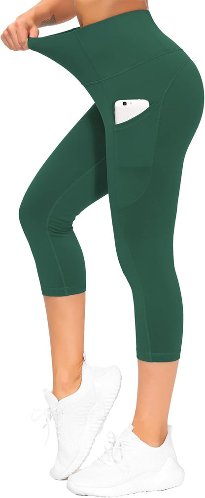 Thick High Waist Capris Yoga Pants with Pockets, Tummy Control Workout Running Yoga Leggings for Women