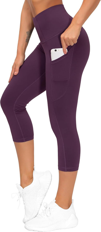 Thick High Waist Capris Yoga Pants with Pockets, Tummy Control Workout Running Yoga Leggings for Women