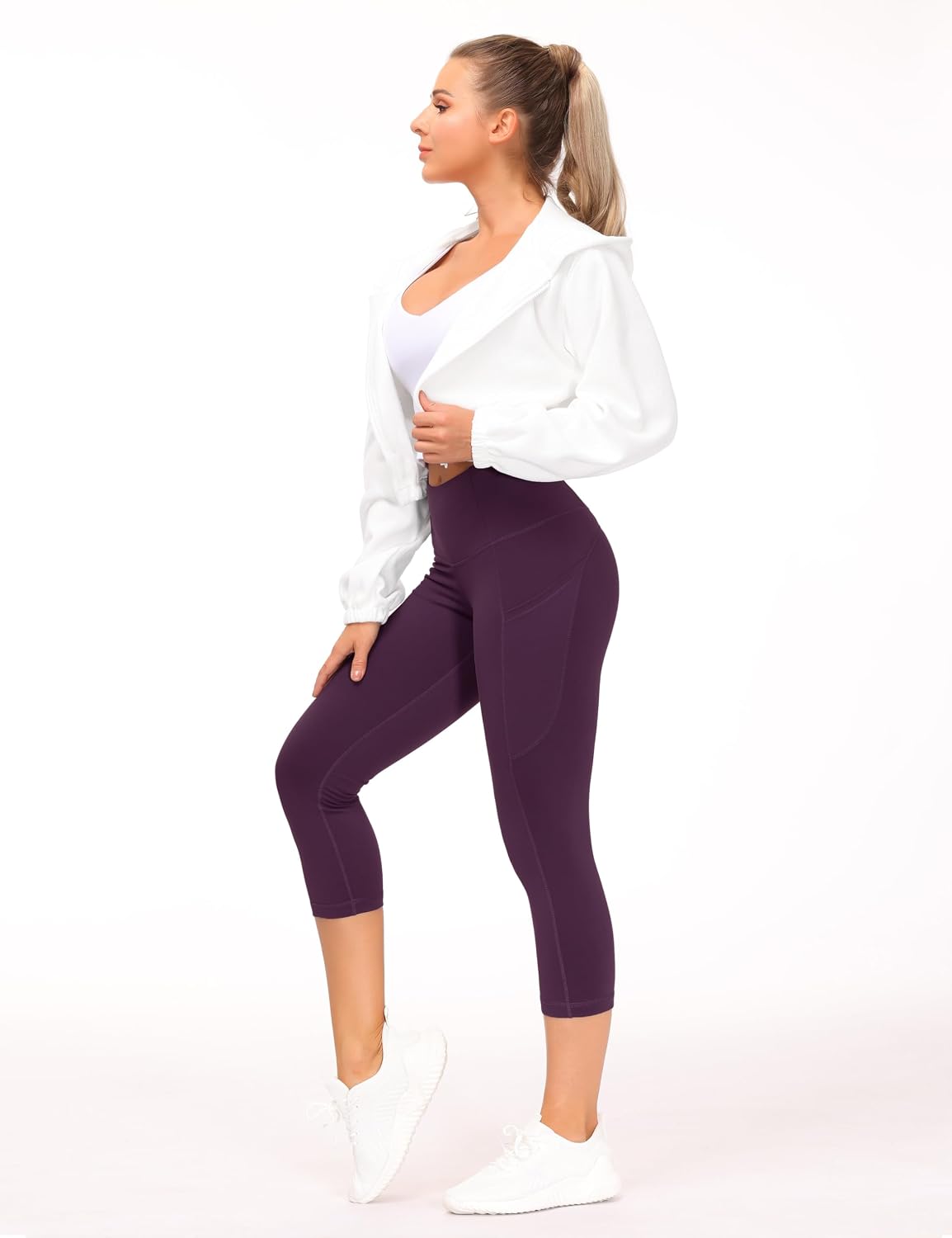 Thick High Waist Capris Yoga Pants with Pockets, Tummy Control Workout Running Yoga Leggings for Women