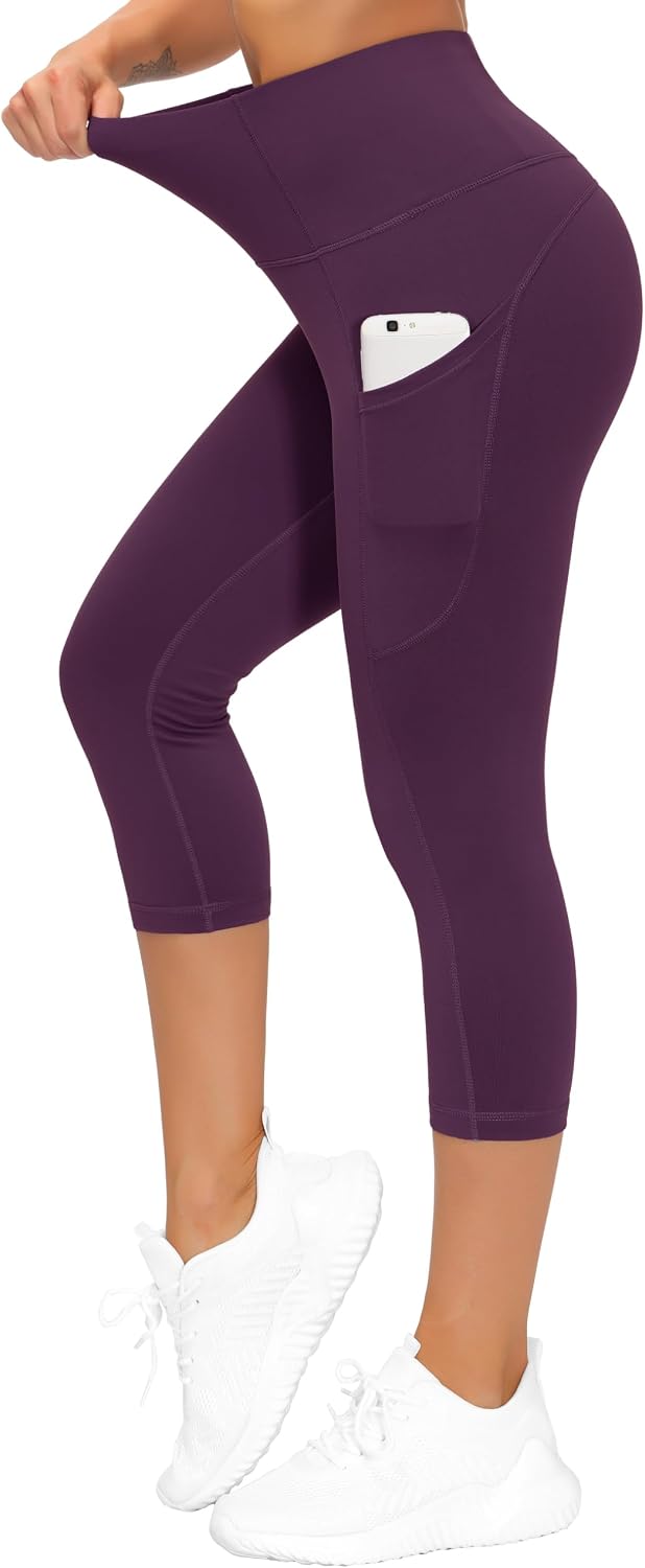 Thick High Waist Capris Yoga Pants with Pockets, Tummy Control Workout Running Yoga Leggings for Women