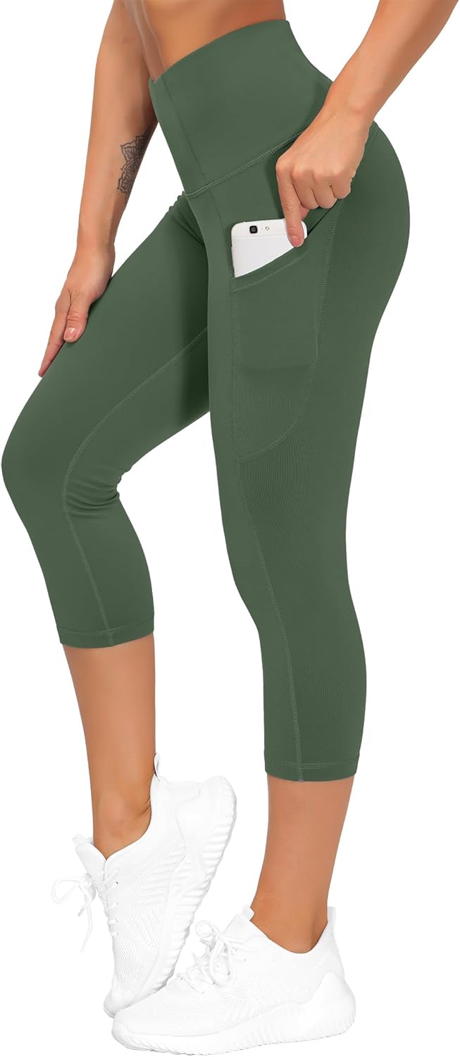 Thick High Waist Capris Yoga Pants with Pockets, Tummy Control Workout Running Yoga Leggings for Women