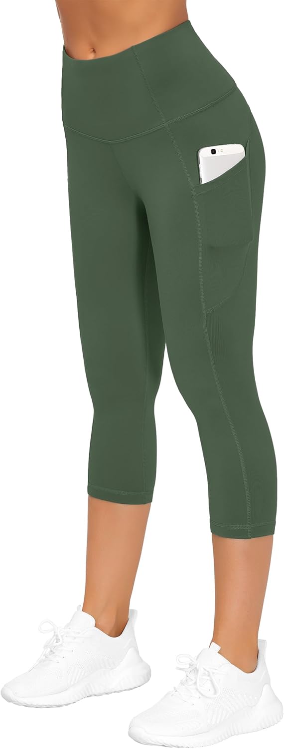 Thick High Waist Capris Yoga Pants with Pockets, Tummy Control Workout Running Yoga Leggings for Women