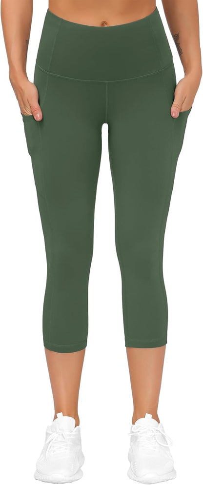 Thick High Waist Capris Yoga Pants with Pockets, Tummy Control Workout Running Yoga Leggings for Women