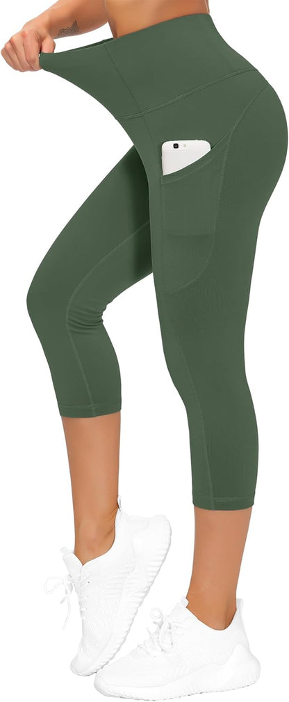 Thick High Waist Capris Yoga Pants with Pockets, Tummy Control Workout Running Yoga Leggings for Women