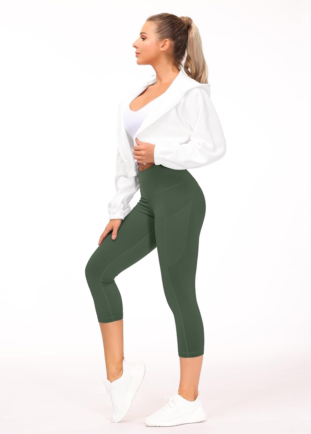 Thick High Waist Capris Yoga Pants with Pockets, Tummy Control Workout Running Yoga Leggings for Women