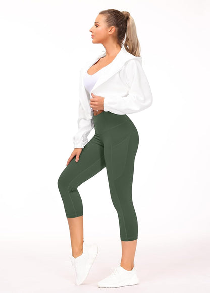 Thick High Waist Capris Yoga Pants with Pockets, Tummy Control Workout Running Yoga Leggings for Women