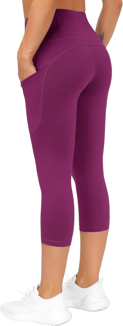Thick High Waist Capris Yoga Pants with Pockets, Tummy Control Workout Running Yoga Leggings for Women