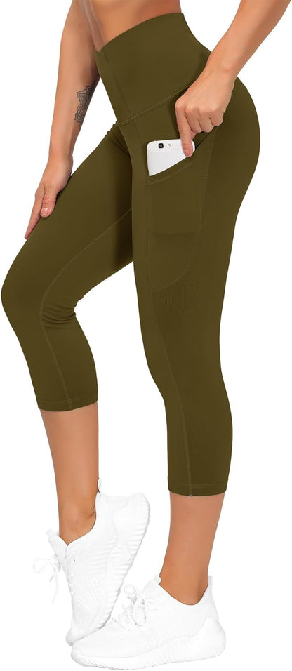 Thick High Waist Capris Yoga Pants with Pockets, Tummy Control Workout Running Yoga Leggings for Women