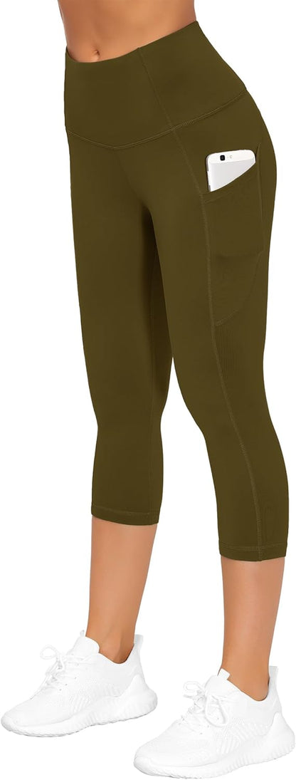 Thick High Waist Capris Yoga Pants with Pockets, Tummy Control Workout Running Yoga Leggings for Women