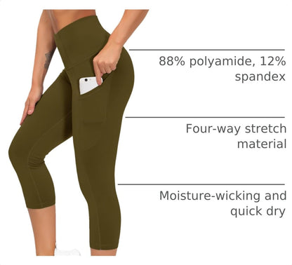 Thick High Waist Capris Yoga Pants with Pockets, Tummy Control Workout Running Yoga Leggings for Women