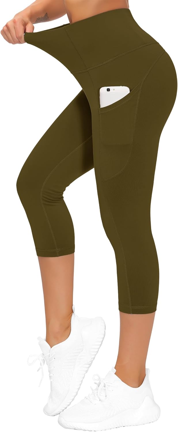 Thick High Waist Capris Yoga Pants with Pockets, Tummy Control Workout Running Yoga Leggings for Women