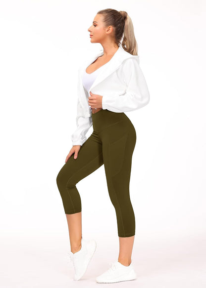 Thick High Waist Capris Yoga Pants with Pockets, Tummy Control Workout Running Yoga Leggings for Women