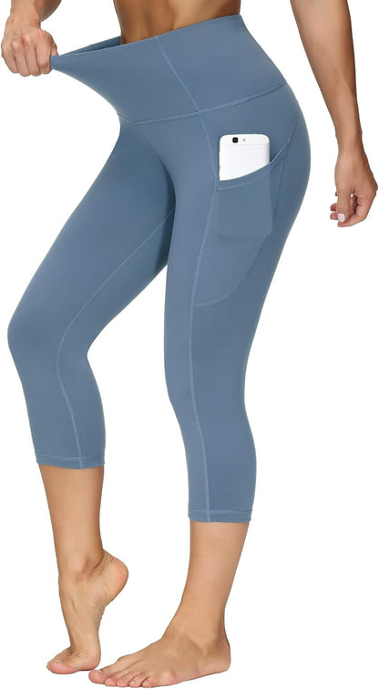 Thick High Waist Capris Yoga Pants with Pockets, Tummy Control Workout Running Yoga Leggings for Women