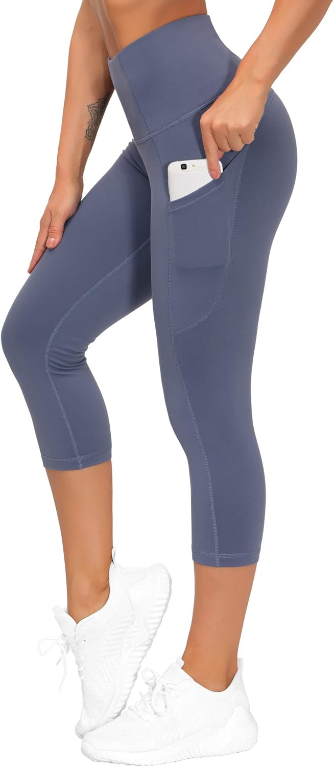 Thick High Waist Capris Yoga Pants with Pockets, Tummy Control Workout Running Yoga Leggings for Women