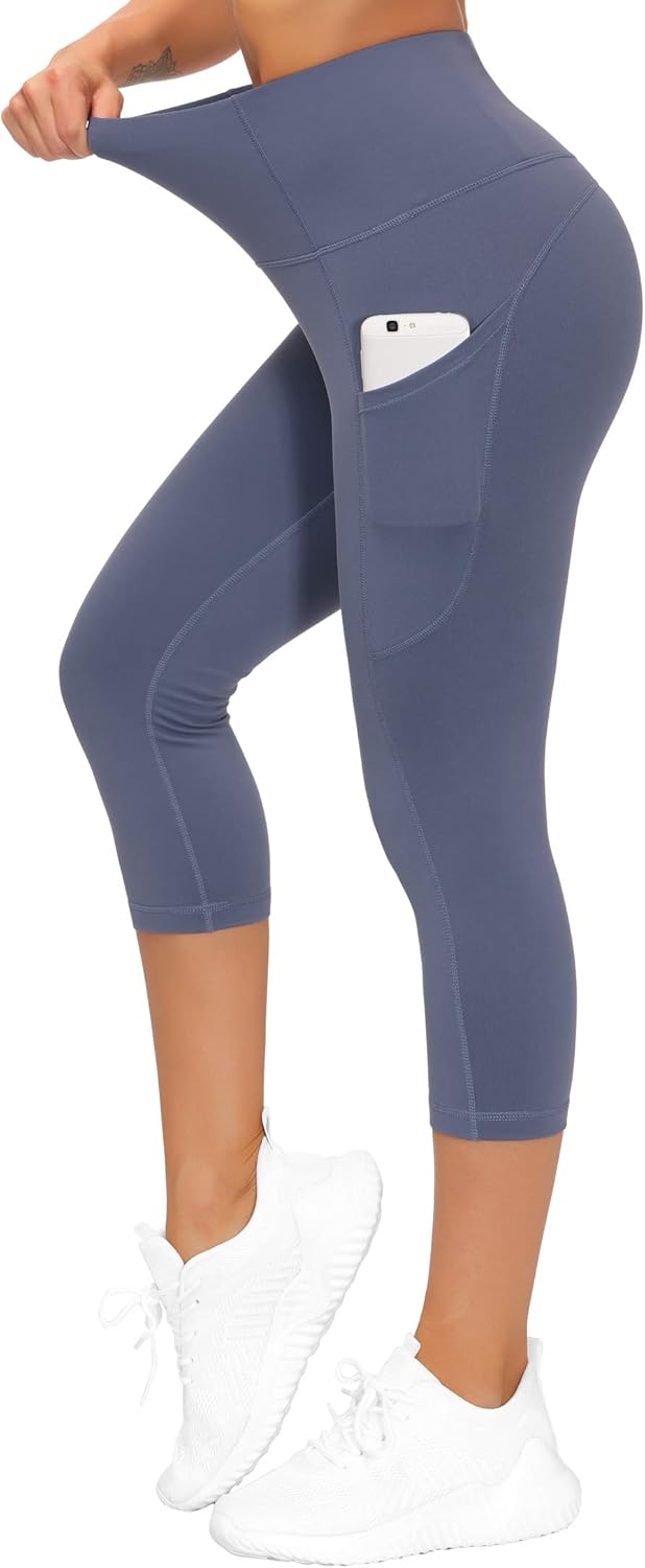 Thick High Waist Capris Yoga Pants with Pockets, Tummy Control Workout Running Yoga Leggings for Women