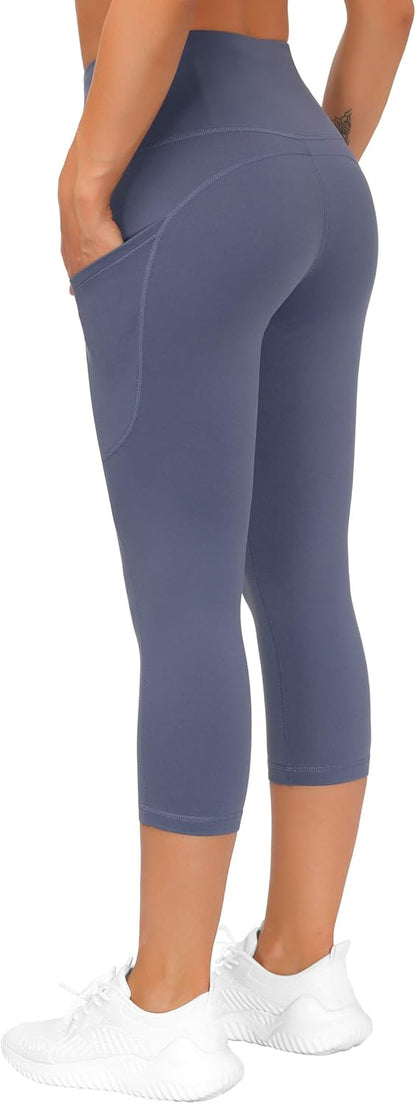 Thick High Waist Capris Yoga Pants with Pockets, Tummy Control Workout Running Yoga Leggings for Women