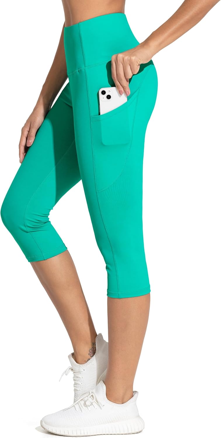 Thick High Waist Capris Yoga Pants with Pockets, Tummy Control Workout Running Yoga Leggings for Women