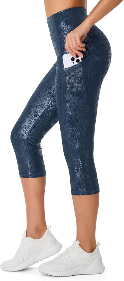 Thick High Waist Capris Yoga Pants with Pockets, Tummy Control Workout Running Yoga Leggings for Women