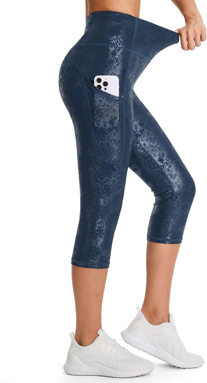 Thick High Waist Capris Yoga Pants with Pockets, Tummy Control Workout Running Yoga Leggings for Women