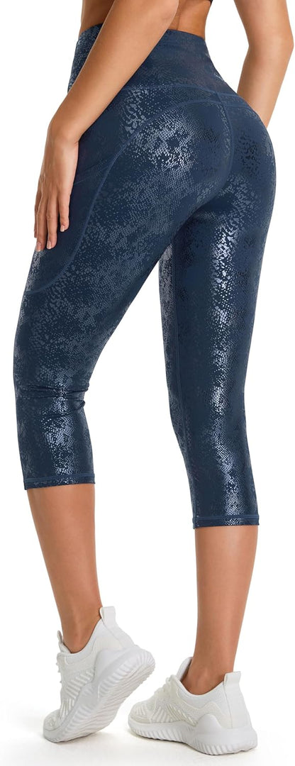 Thick High Waist Capris Yoga Pants with Pockets, Tummy Control Workout Running Yoga Leggings for Women