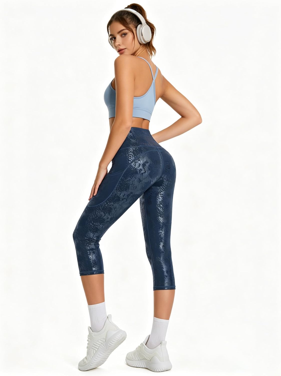 Thick High Waist Capris Yoga Pants with Pockets, Tummy Control Workout Running Yoga Leggings for Women