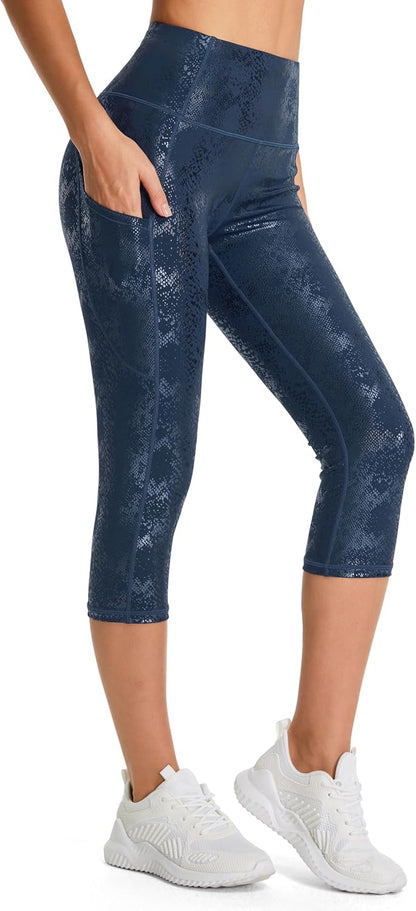 Thick High Waist Capris Yoga Pants with Pockets, Tummy Control Workout Running Yoga Leggings for Women