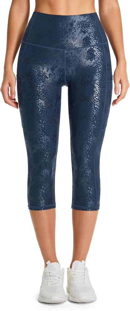 Thick High Waist Capris Yoga Pants with Pockets, Tummy Control Workout Running Yoga Leggings for Women