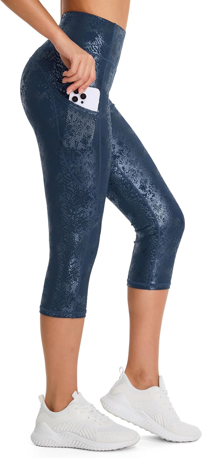 Thick High Waist Capris Yoga Pants with Pockets, Tummy Control Workout Running Yoga Leggings for Women
