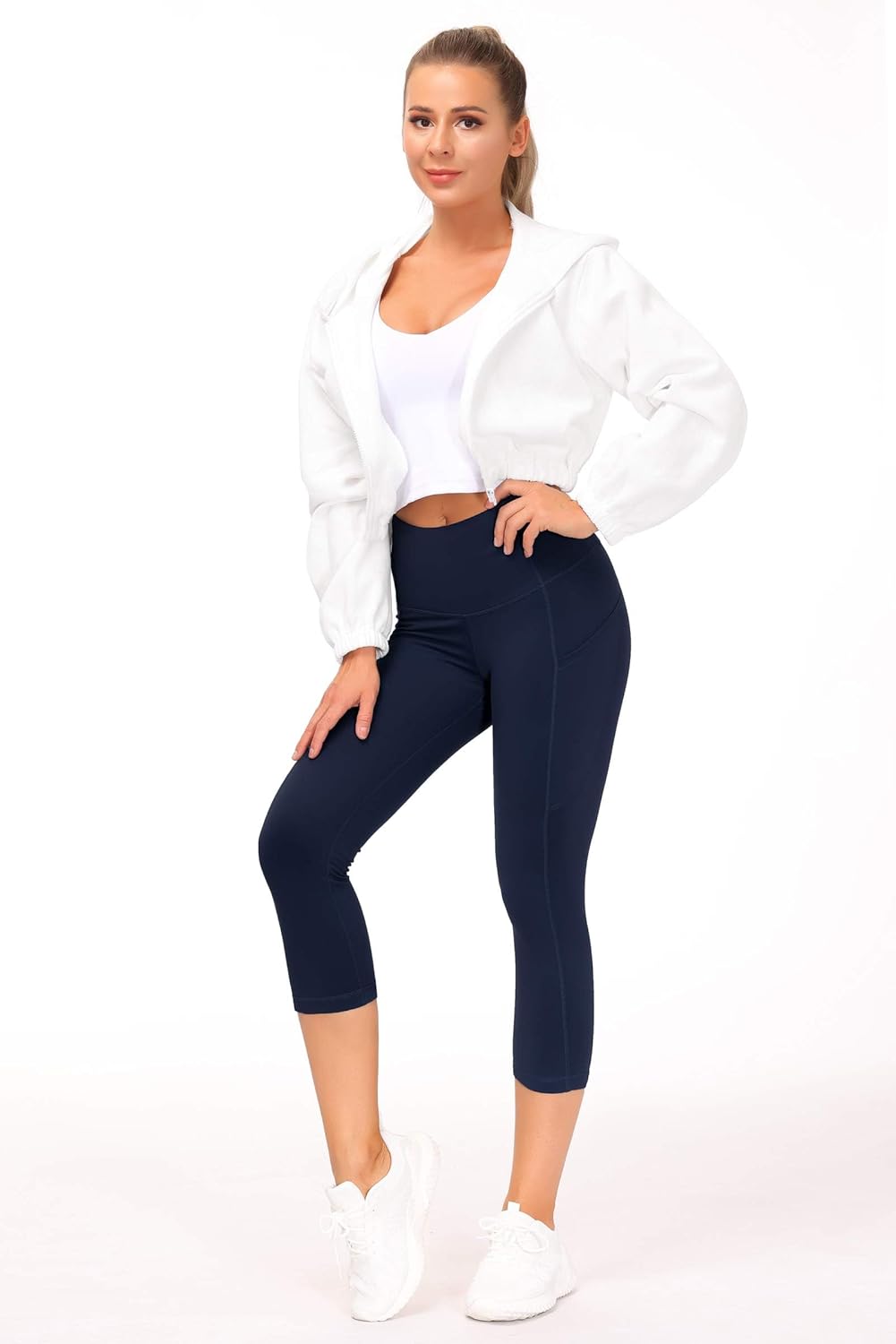 Thick High Waist Capris Yoga Pants with Pockets, Tummy Control Workout Running Yoga Leggings for Women