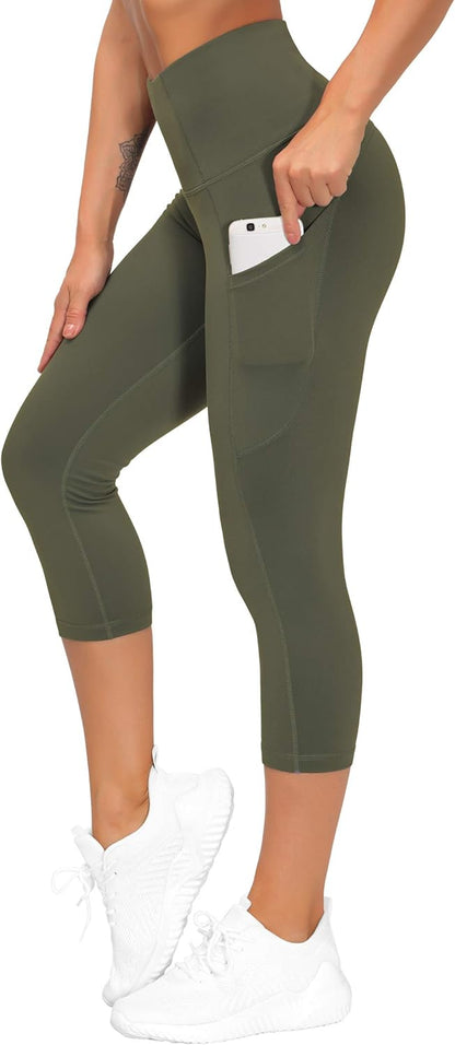 Thick High Waist Capris Yoga Pants with Pockets, Tummy Control Workout Running Yoga Leggings for Women