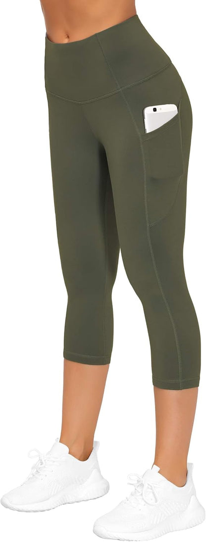 Thick High Waist Capris Yoga Pants with Pockets, Tummy Control Workout Running Yoga Leggings for Women