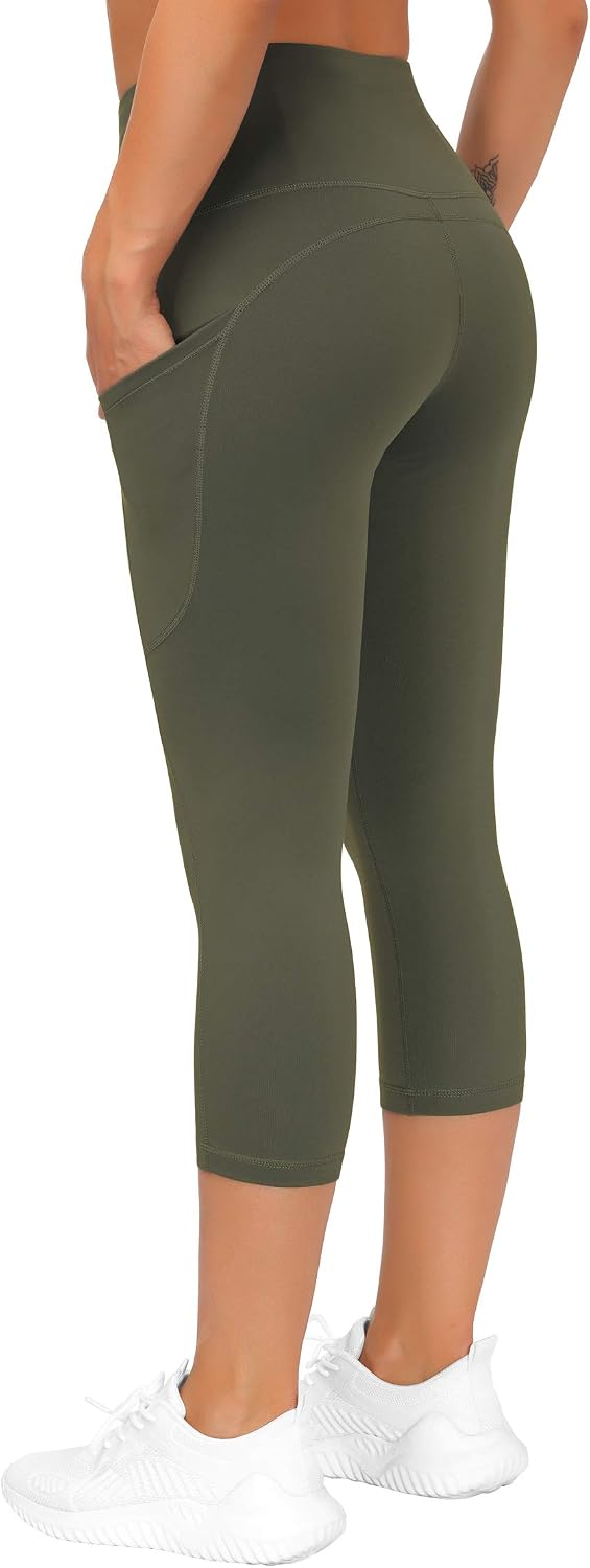 Thick High Waist Capris Yoga Pants with Pockets, Tummy Control Workout Running Yoga Leggings for Women
