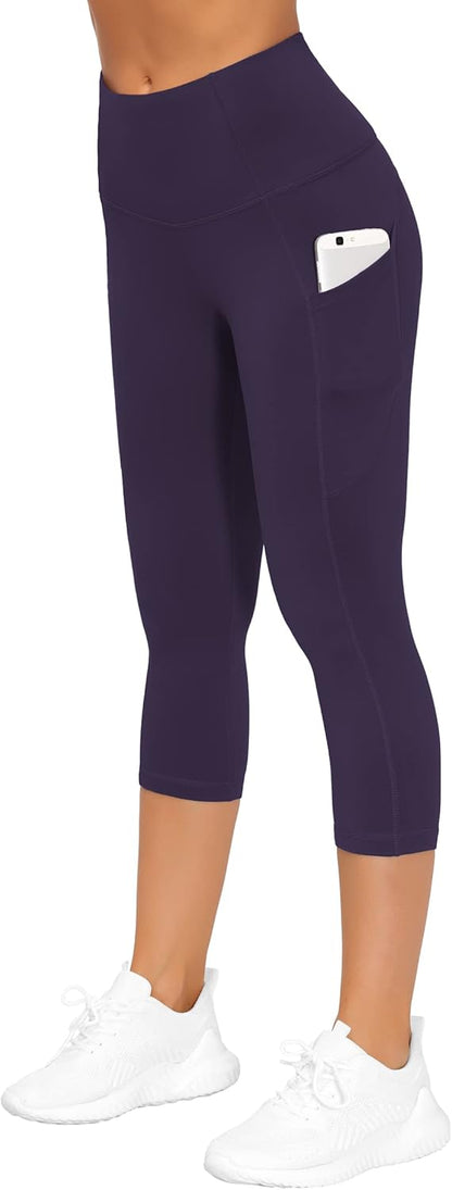 Thick High Waist Capris Yoga Pants with Pockets, Tummy Control Workout Running Yoga Leggings for Women