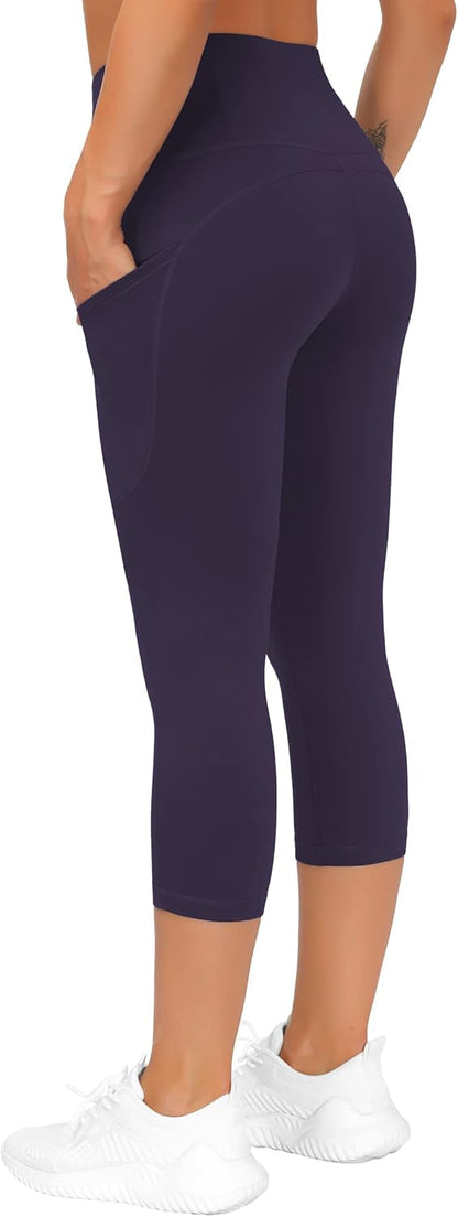Thick High Waist Capris Yoga Pants with Pockets, Tummy Control Workout Running Yoga Leggings for Women